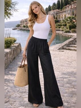 New Evereve Woman’s Black Elastic-Waist Linen wide leg Pant